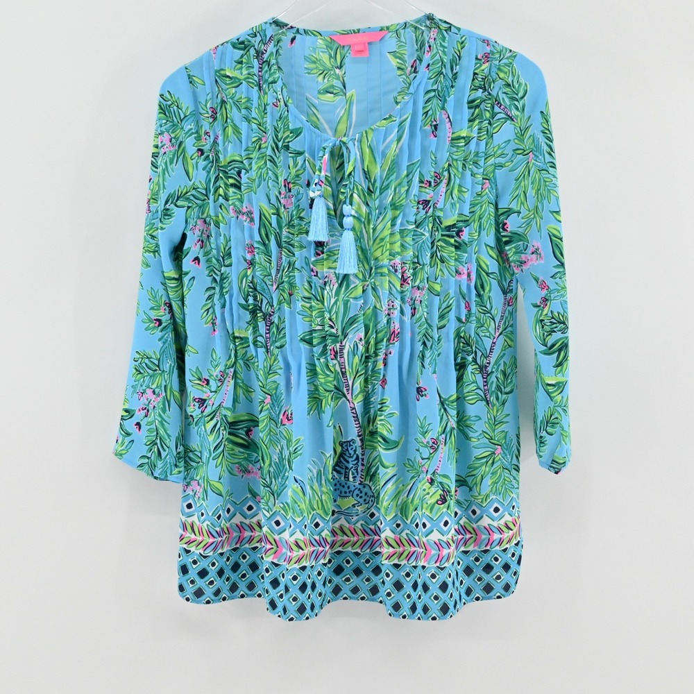 Lilly Pulitzer Marilina Top Womens Size XS Porto Blue Bamboo Forest Jungle Print